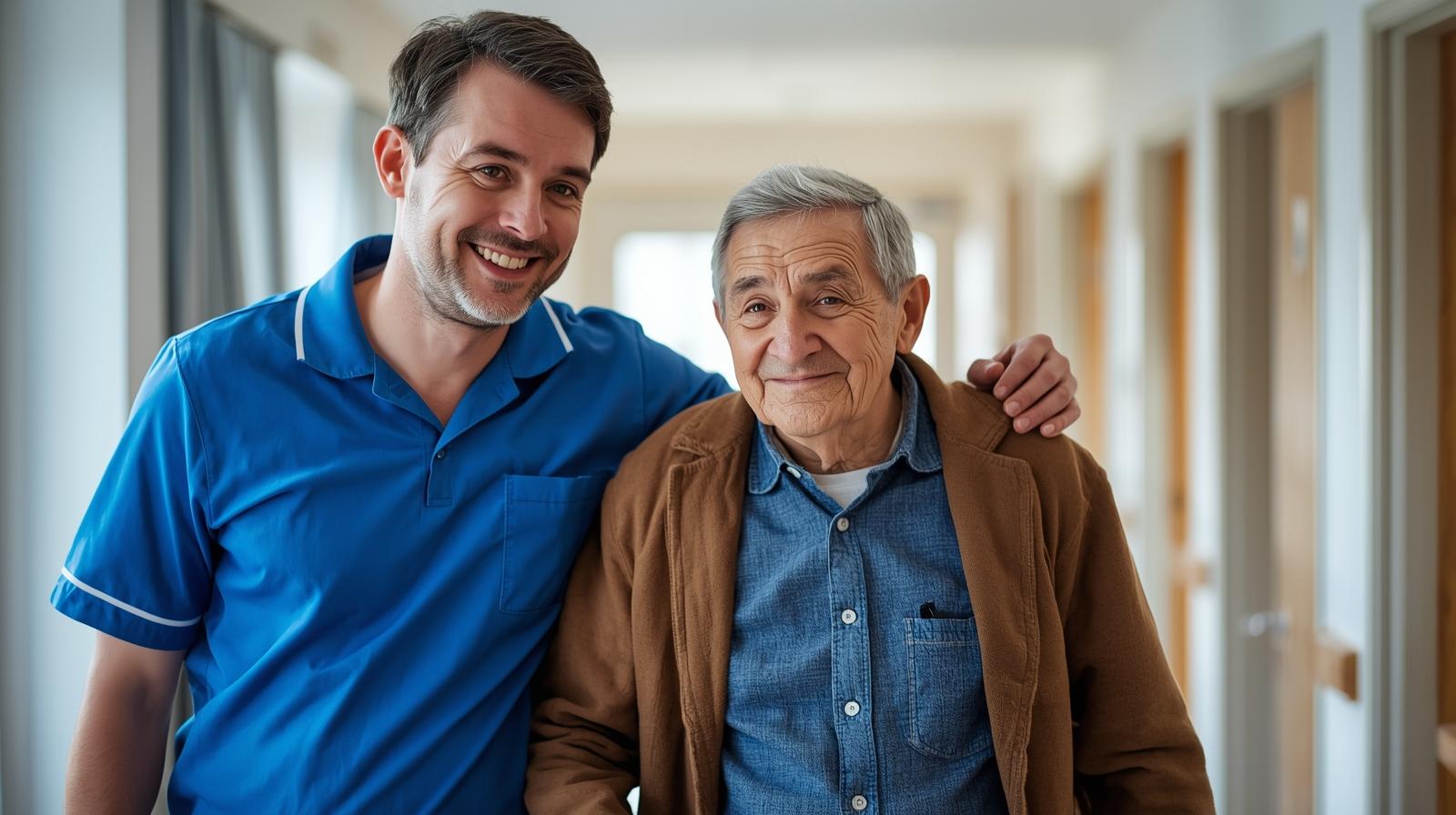 Healthcare assistant helping an old service user, two men, diverse